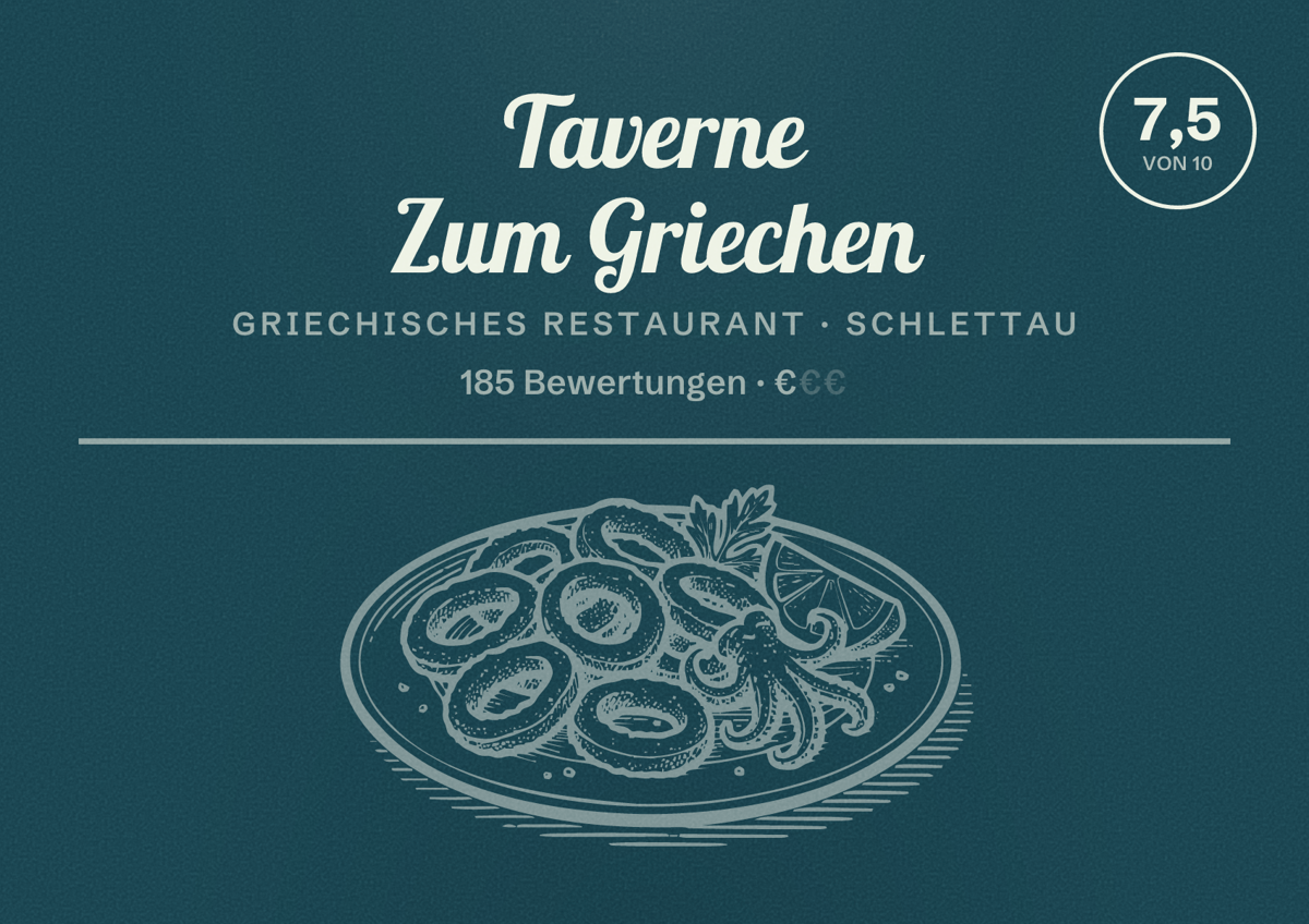 Illustriertes Poster von Taverne Zum Griechen, Griechisches Restaurant in Schlettau: Bewertung 7,5 von 10 aus 185 Bewertungen, Preisniveau €