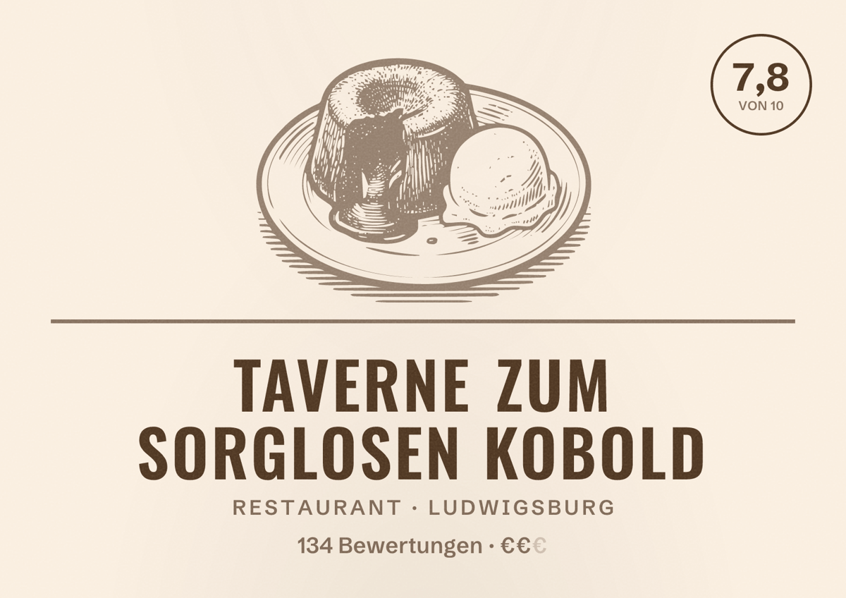 Illustriertes Poster von Taverne zum Sorglosen Kobold, Restaurant in Ludwigsburg: Bewertung 7,8 von 10 aus 134 Bewertungen, Preisniveau €€