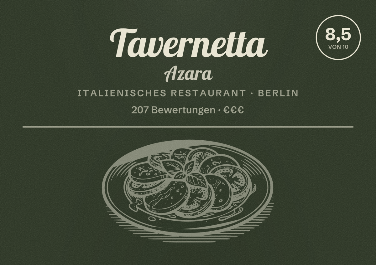 Illustriertes Poster von Tavernetta Azara, Italienisches Restaurant in Berlin: Bewertung 8,5 von 10 aus 207 Bewertungen, Preisniveau €€€