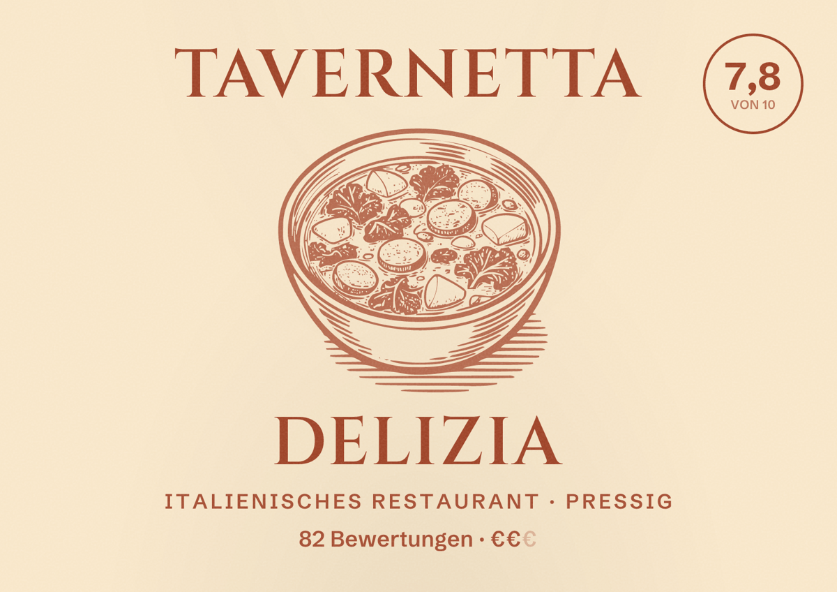 Illustriertes Poster von Tavernetta Delizia, Italienisches Restaurant in Pressig: Bewertung 7,8 von 10 aus 82 Bewertungen, Preisniveau €€