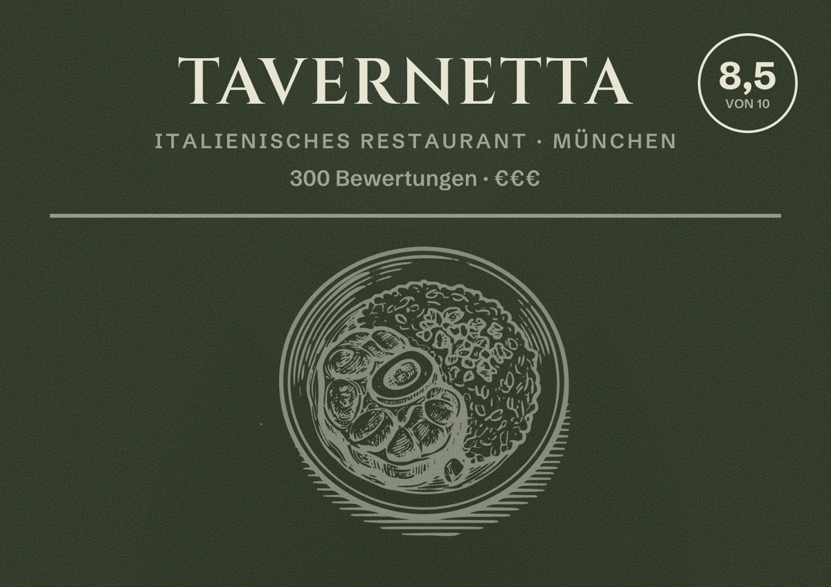 Illustriertes Poster von Tavernetta, Italienisches Restaurant in München: Bewertung 8,5 von 10 aus 300 Bewertungen, Preisniveau €€€