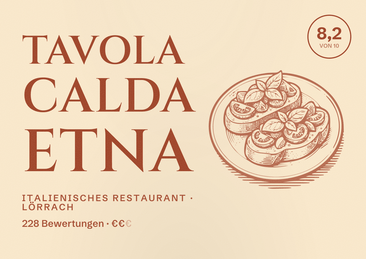 Illustriertes Poster von Tavola Calda Etna, Italienisches Restaurant in Lörrach: Bewertung 8,2 von 10 aus 228 Bewertungen, Preisniveau €€