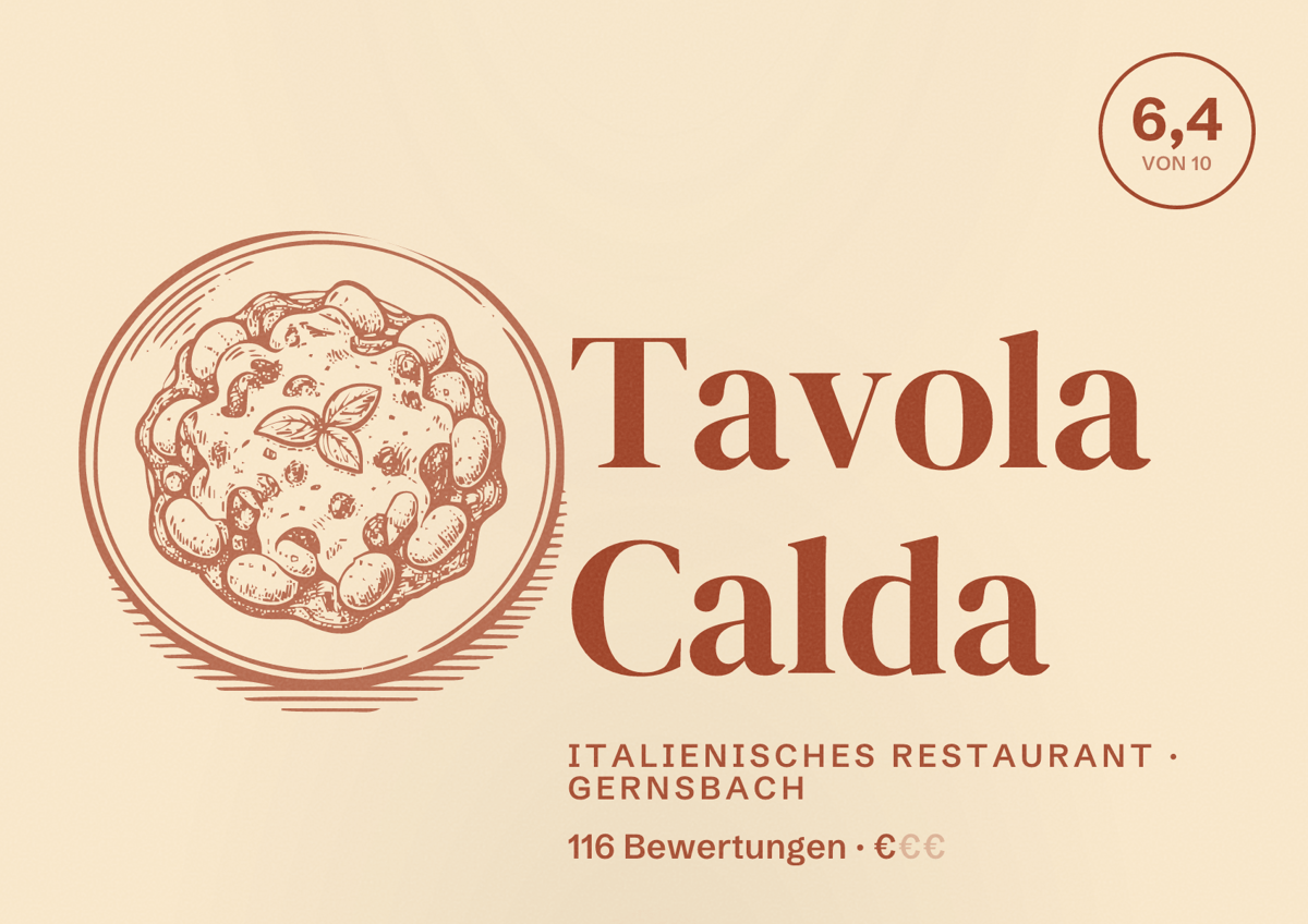 Illustriertes Poster von Tavola Calda, Italienisches Restaurant in Gernsbach: Bewertung 6,4 von 10 aus 116 Bewertungen, Preisniveau €
