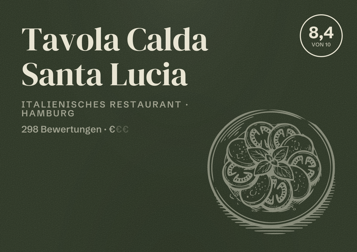 Illustriertes Poster von Tavola Calda Santa Lucia, Italienisches Restaurant in Hamburg: Bewertung 8,4 von 10 aus 298 Bewertungen, Preisniveau €