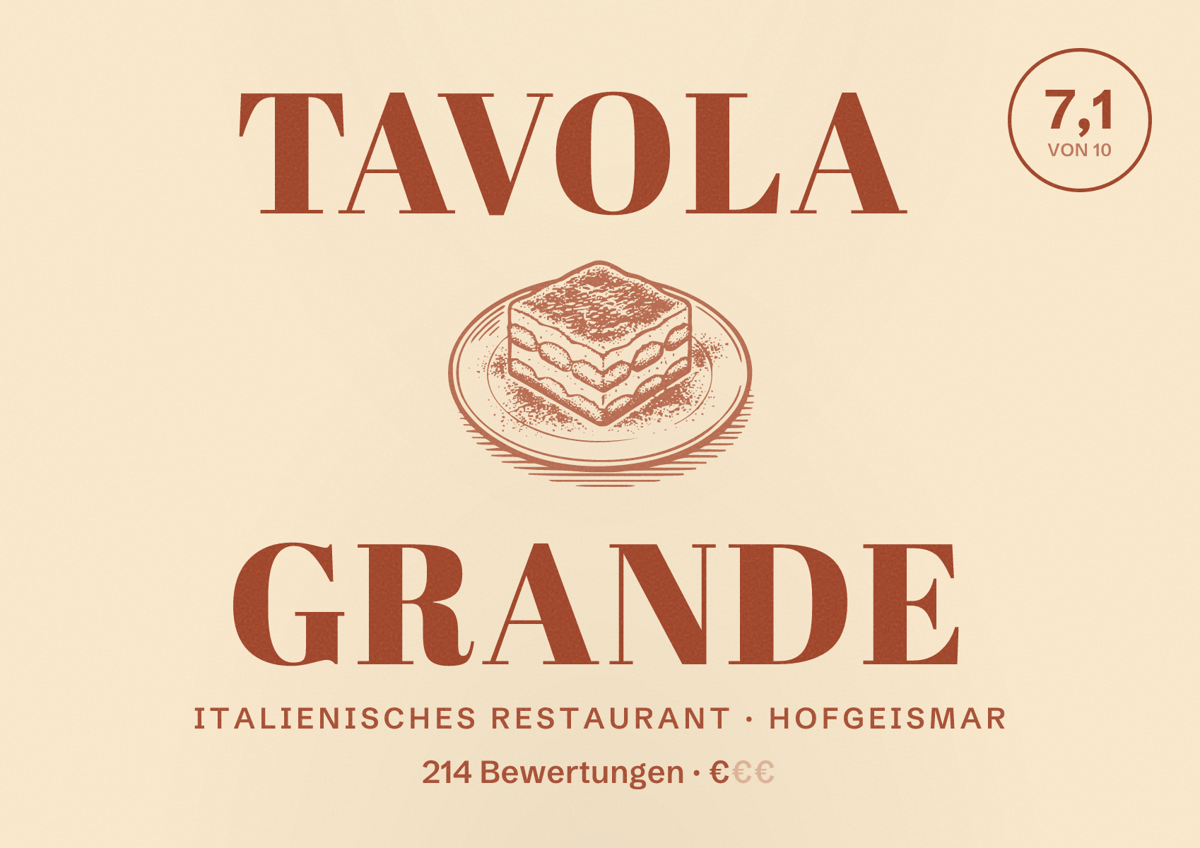 Illustriertes Poster von tavola grande, Italienisches Restaurant in Hofgeismar: Bewertung 7,1 von 10 aus 214 Bewertungen, Preisniveau €