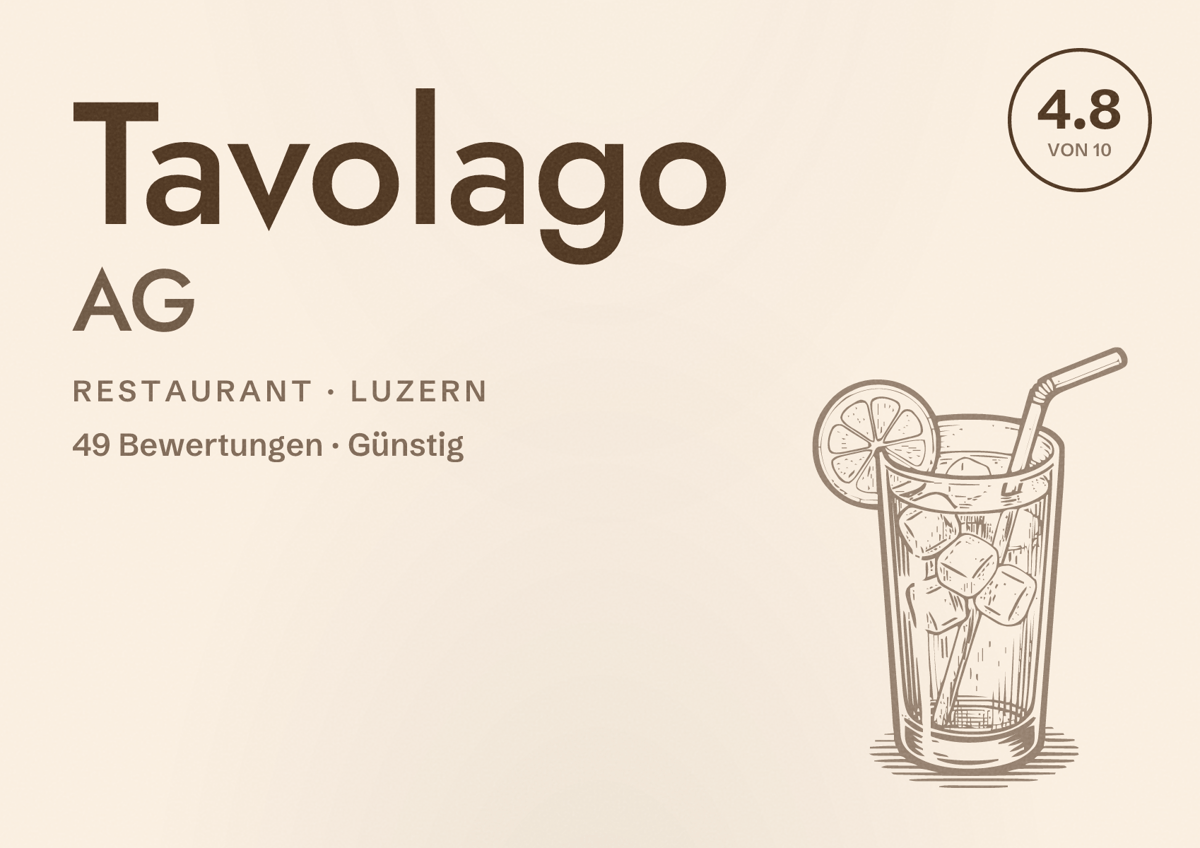 Illustriertes Poster von Tavolago AG, Restaurant in Luzern: Bewertung 4.8 von 10 aus 49 Bewertungen, Preisniveau Günstig
