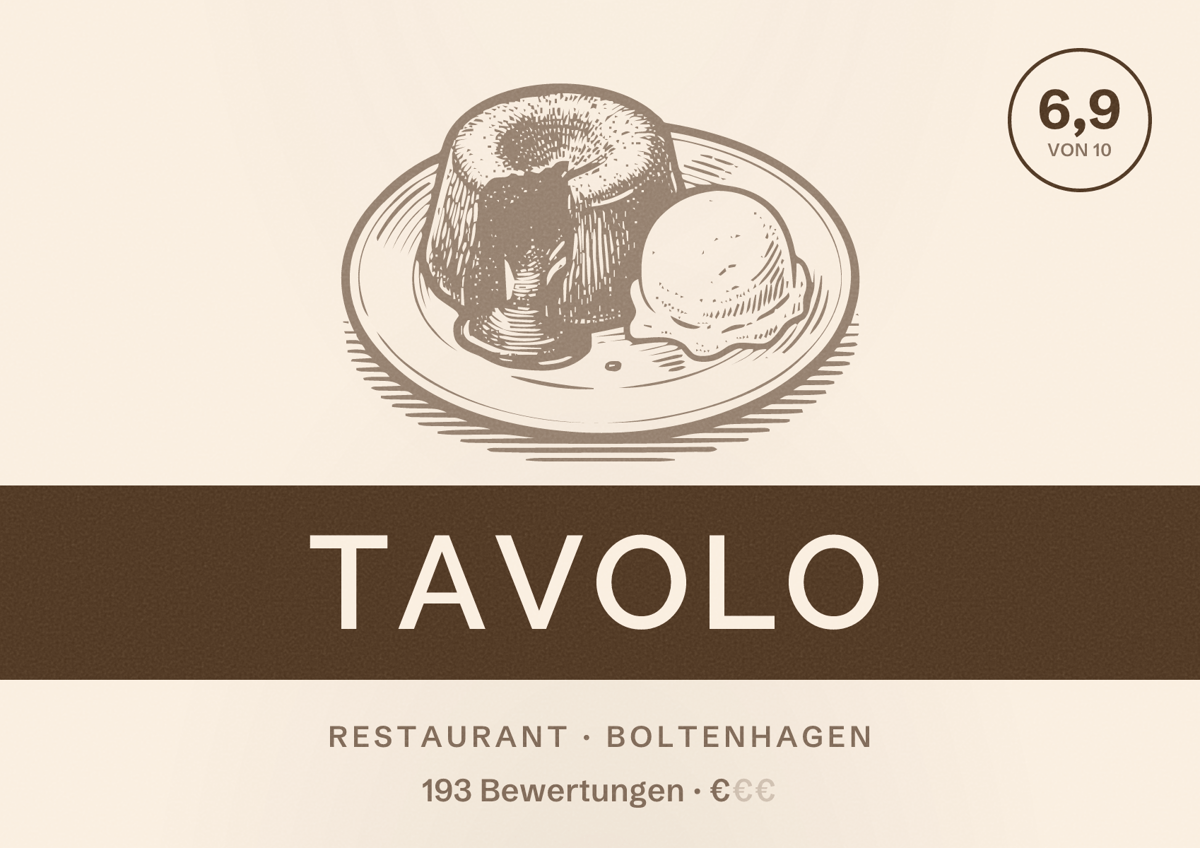 Illustriertes Poster von Tavolo, Restaurant in Boltenhagen: Bewertung 6,9 von 10 aus 193 Bewertungen, Preisniveau €