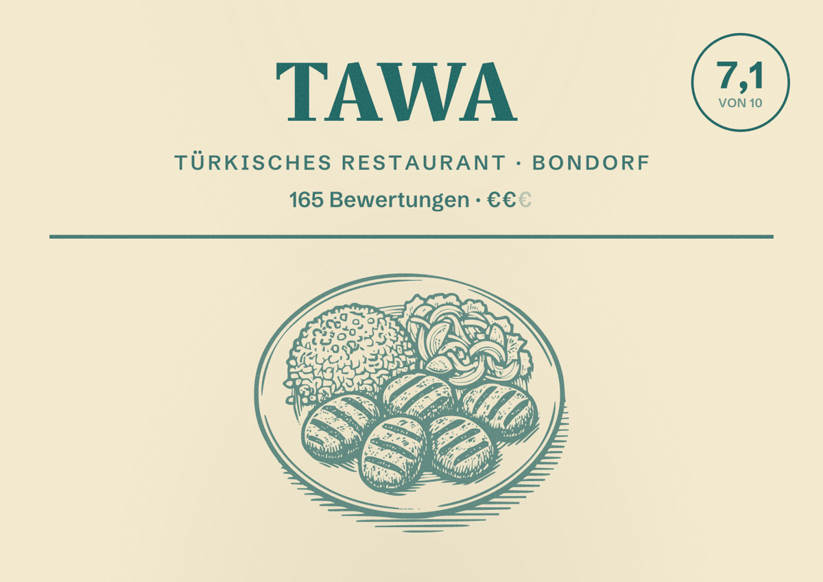 Illustriertes Poster von TAWA, Türkisches Restaurant in Bondorf: Bewertung 7,1 von 10 aus 165 Bewertungen, Preisniveau €€