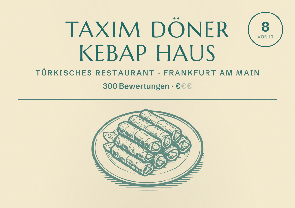Illustriertes Poster von Taxim Döner Kebap Haus, Türkisches Restaurant in Frankfurt am Main: Bewertung 8 von 10 aus 300 Bewertungen, Preisniveau €