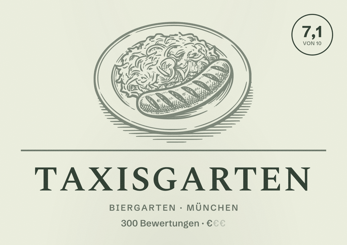 Illustriertes Poster von Taxisgarten, Biergarten in München: Bewertung 7,1 von 10 aus 300 Bewertungen, Preisniveau €