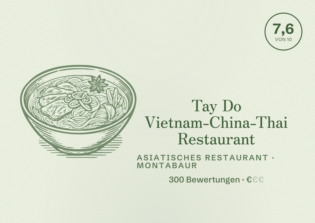 Illustriertes Poster von Tay Do Vietnam-China-Thai Restaurant, Asiatisches Restaurant in Montabaur: Bewertung 7,6 von 10 aus 300 Bewertungen, Preisniveau €