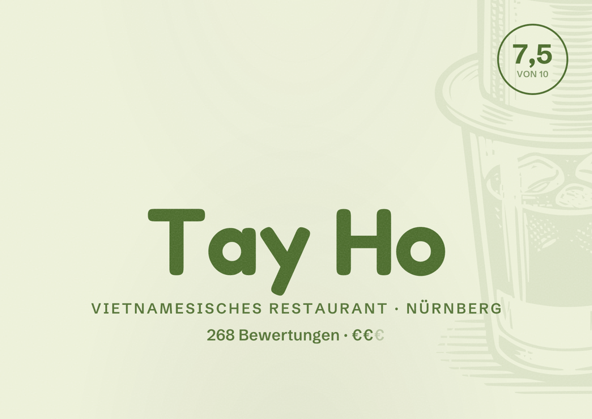 Illustriertes Poster von Tay Ho, Vietnamesisches Restaurant in Nürnberg: Bewertung 7,5 von 10 aus 268 Bewertungen, Preisniveau €€