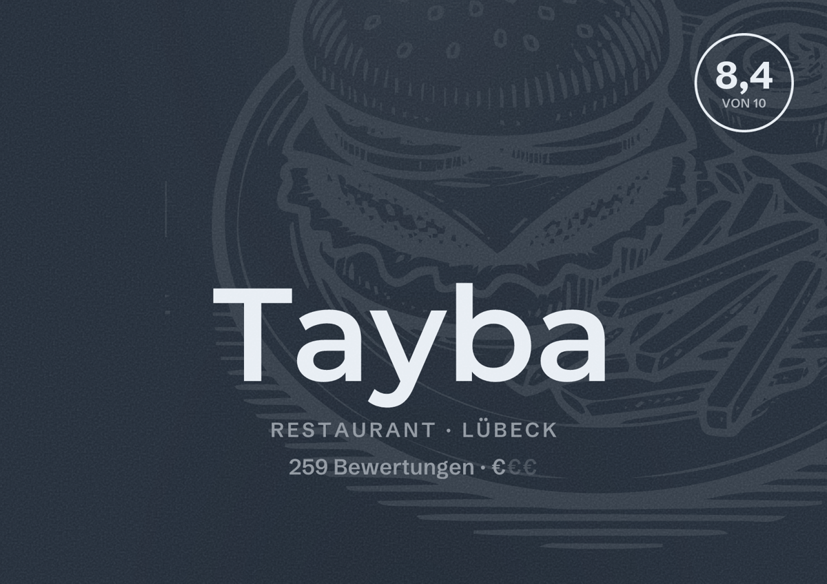 Illustriertes Poster von Tayba, Restaurant in Lübeck: Bewertung 8,4 von 10 aus 259 Bewertungen, Preisniveau €