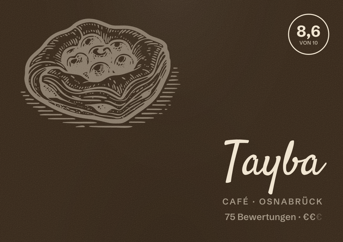 Illustriertes Poster von Tayba, Café in Osnabrück: Bewertung 8,6 von 10 aus 75 Bewertungen, Preisniveau €€