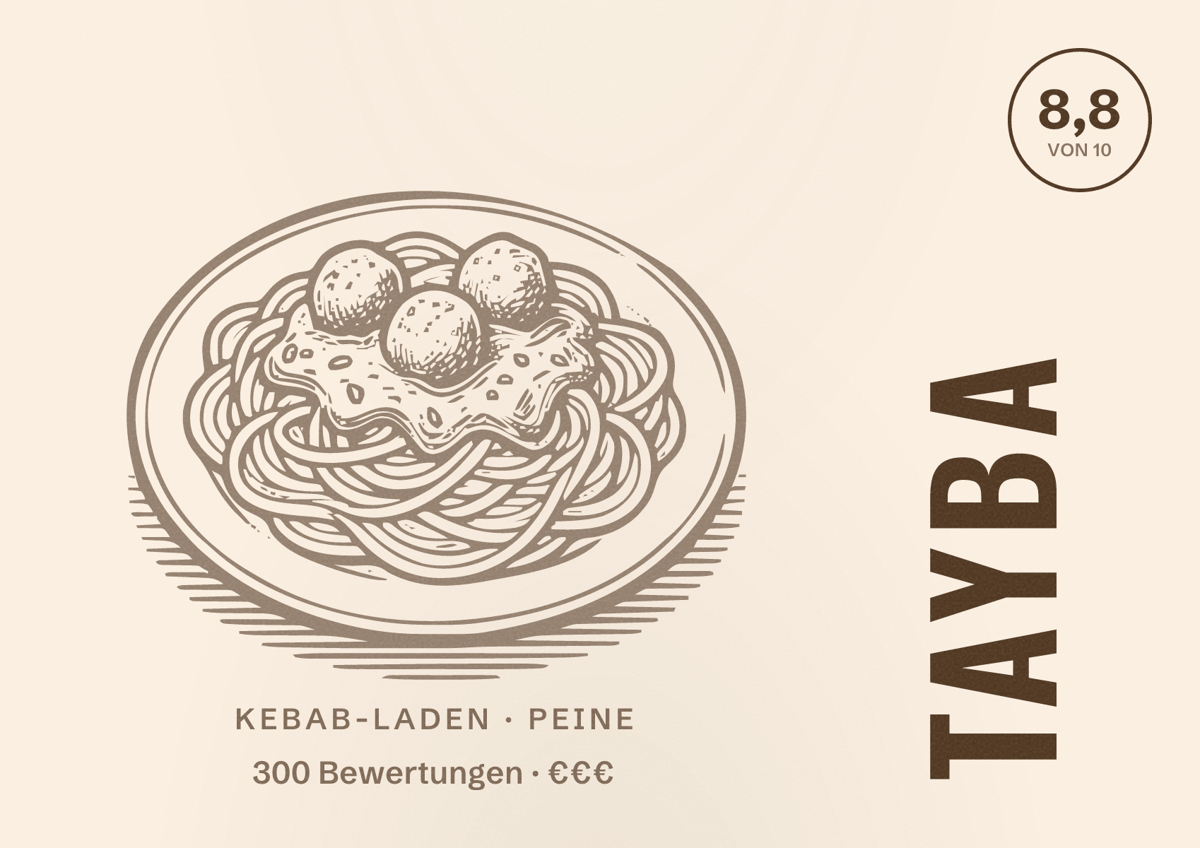 Illustriertes Poster von Tayba, Kebab-Laden in Peine: Bewertung 8,8 von 10 aus 300 Bewertungen, Preisniveau €€€