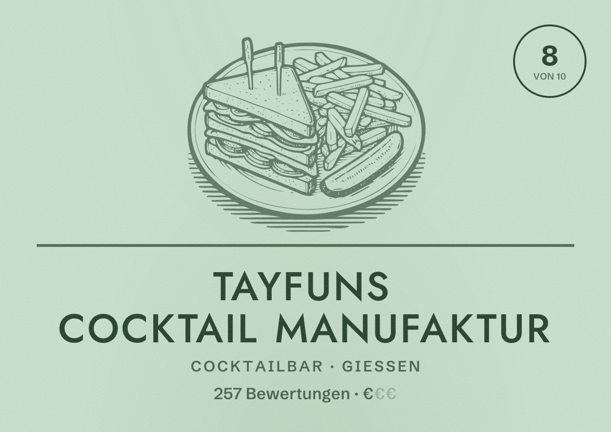 Illustriertes Poster von Tayfuns Cocktail Manufaktur, Cocktailbar in Gießen: Bewertung 8 von 10 aus 257 Bewertungen, Preisniveau €