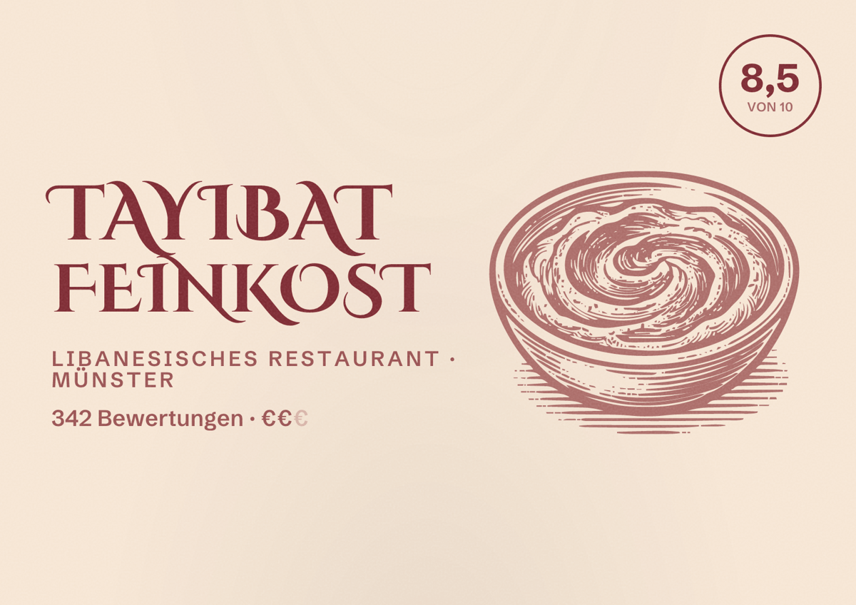 Illustriertes Poster von Tayibat Feinkost, Libanesisches Restaurant in Münster: Bewertung 8,5 von 10 aus 342 Bewertungen, Preisniveau €€