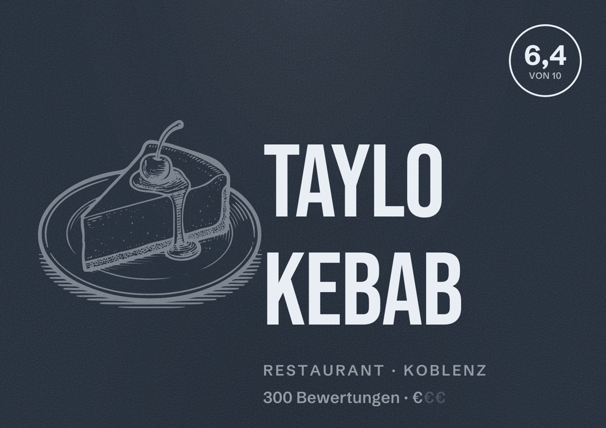 Illustriertes Poster von Taylo Kebab, Restaurant in Koblenz: Bewertung 6,4 von 10 aus 300 Bewertungen, Preisniveau €