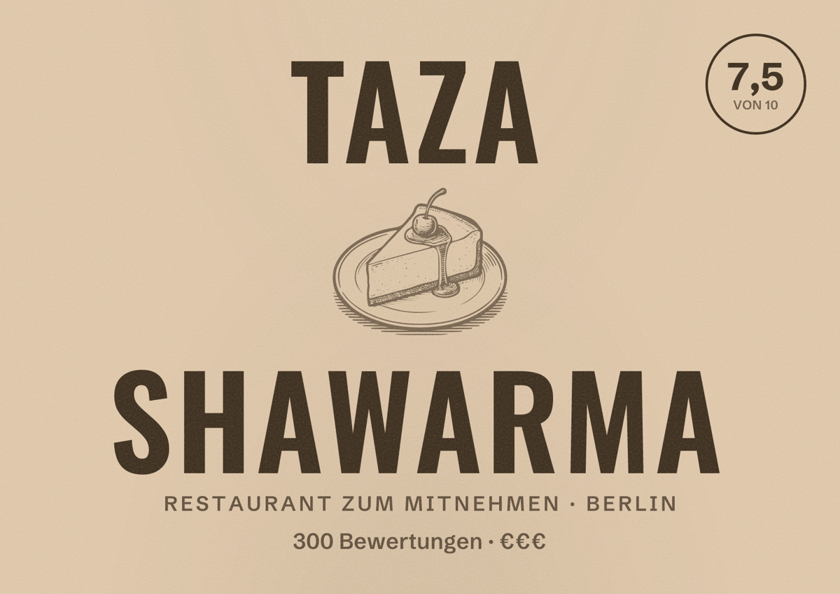 Illustriertes Poster von Taza Shawarma, Restaurant zum Mitnehmen in Berlin: Bewertung 7,5 von 10 aus 300 Bewertungen, Preisniveau €€€
