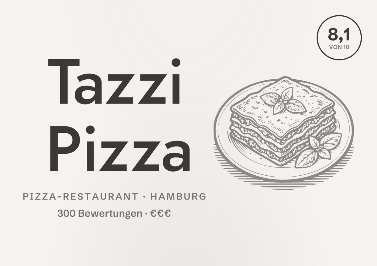 Illustriertes Poster von Tazzi Pizza, Pizza-Restaurant in Hamburg: Bewertung 8,1 von 10 aus 300 Bewertungen, Preisniveau €€€