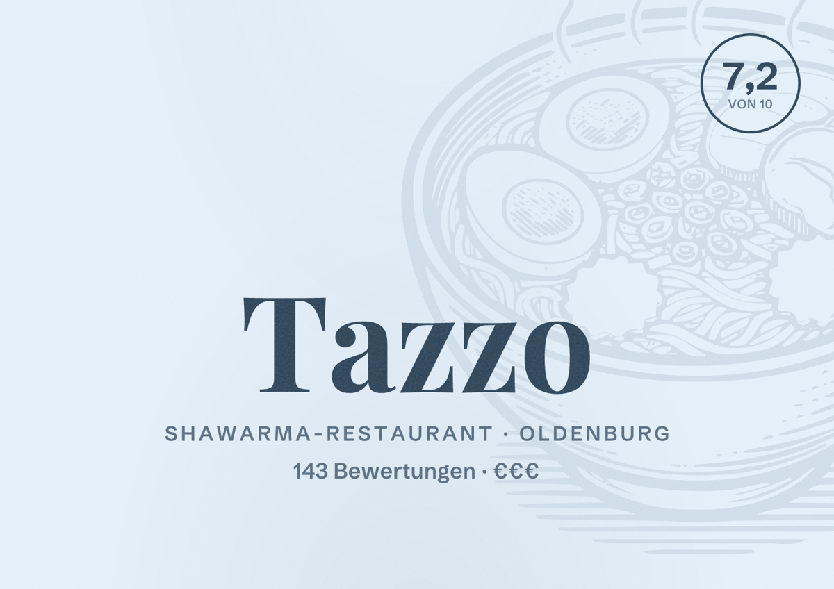 Illustriertes Poster von Tazzo, Shawarma-Restaurant in Oldenburg: Bewertung 7,2 von 10 aus 143 Bewertungen, Preisniveau €€€