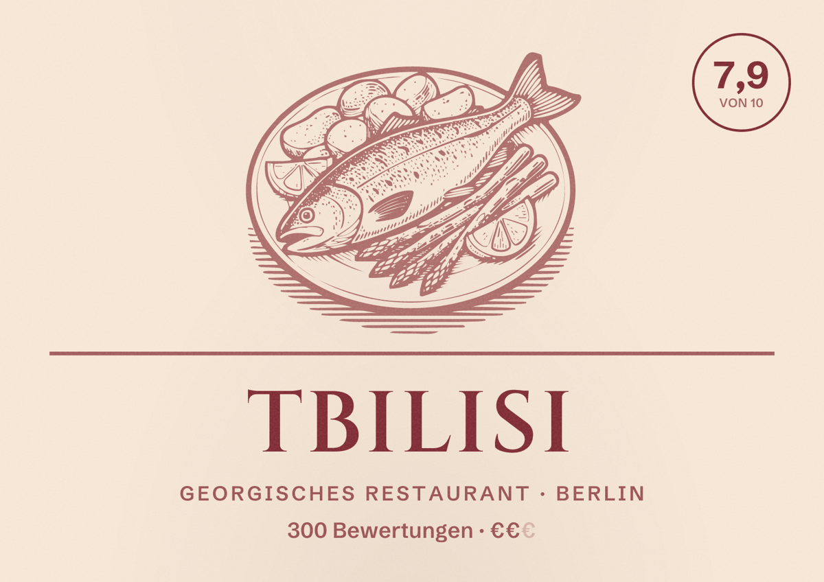 Illustriertes Poster von Tbilisi, Georgisches Restaurant in Berlin: Bewertung 7,9 von 10 aus 300 Bewertungen, Preisniveau €€