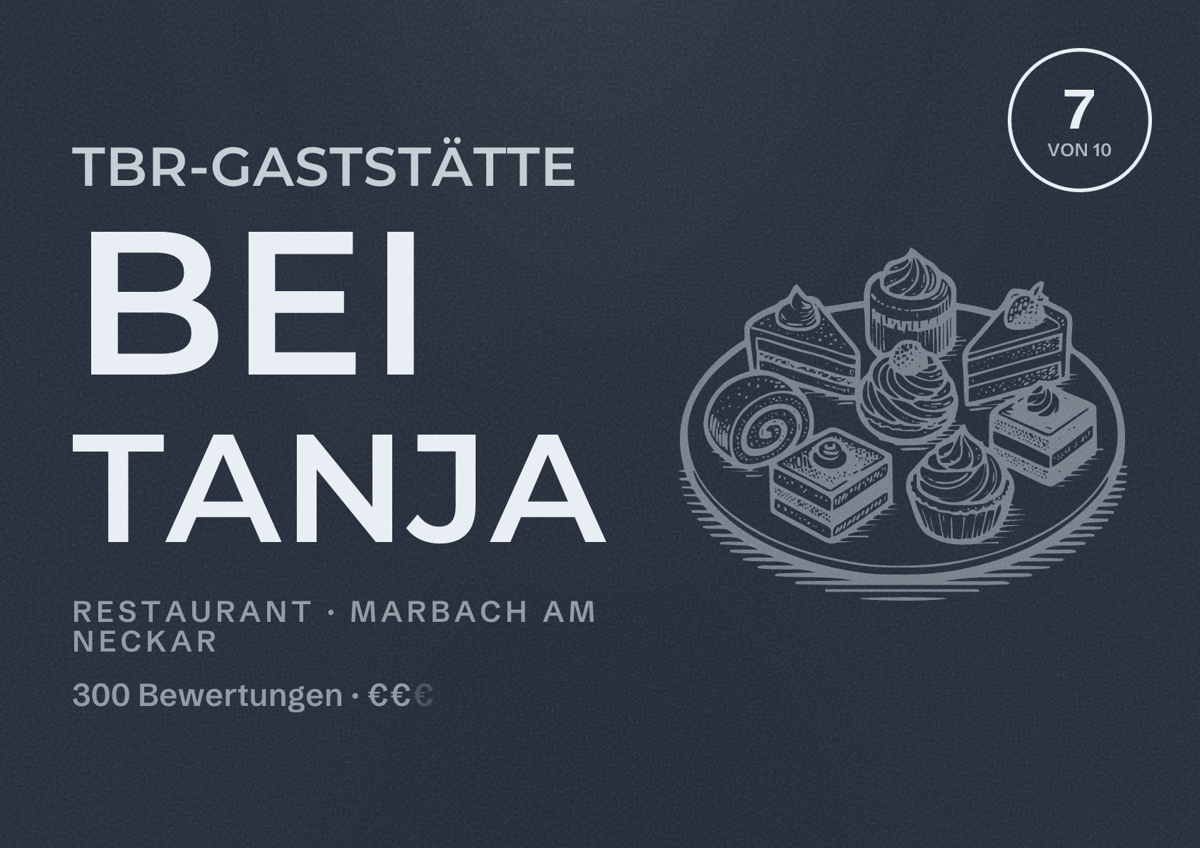 Illustriertes Poster von TBR-Gaststätte bei Tanja, Restaurant in Marbach am Neckar: Bewertung 7 von 10 aus 300 Bewertungen, Preisniveau €€