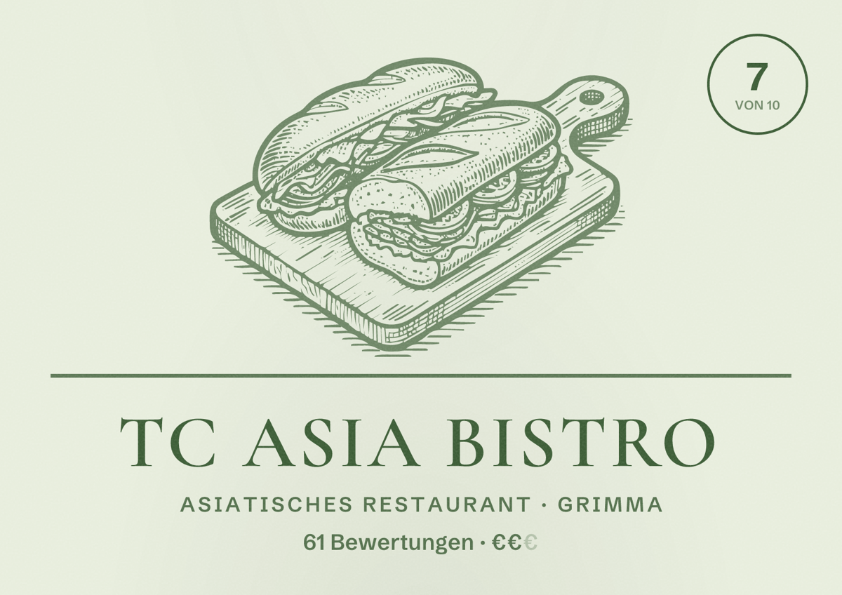 Illustriertes Poster von TC Asia Bistro, Asiatisches Restaurant in Grimma: Bewertung 7 von 10 aus 61 Bewertungen, Preisniveau €€