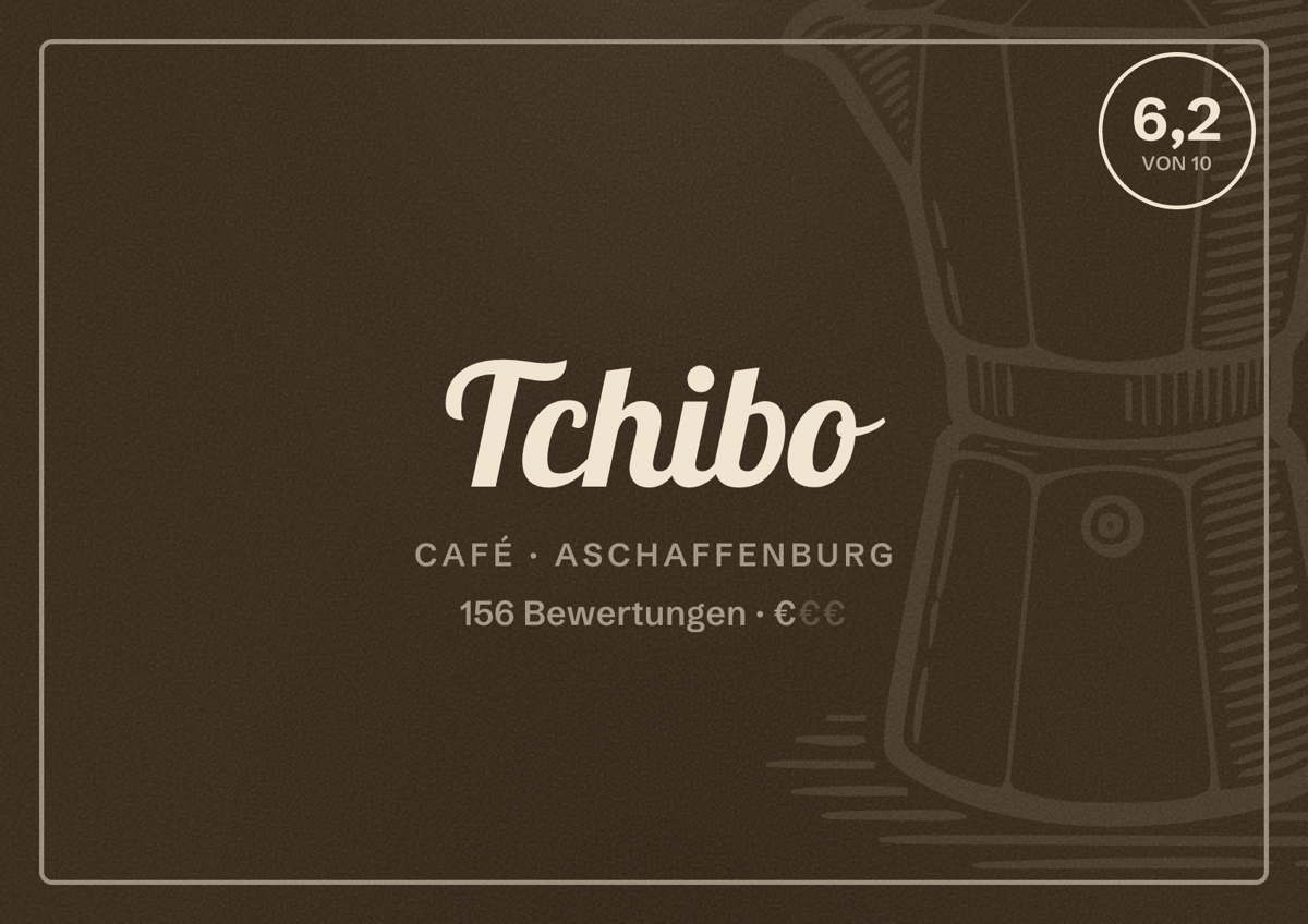 Illustriertes Poster von Tchibo, Café in Aschaffenburg: Bewertung 6,2 von 10 aus 156 Bewertungen, Preisniveau €