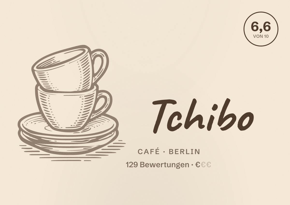 Illustriertes Poster von Tchibo, Café in Berlin: Bewertung 6,6 von 10 aus 129 Bewertungen, Preisniveau €