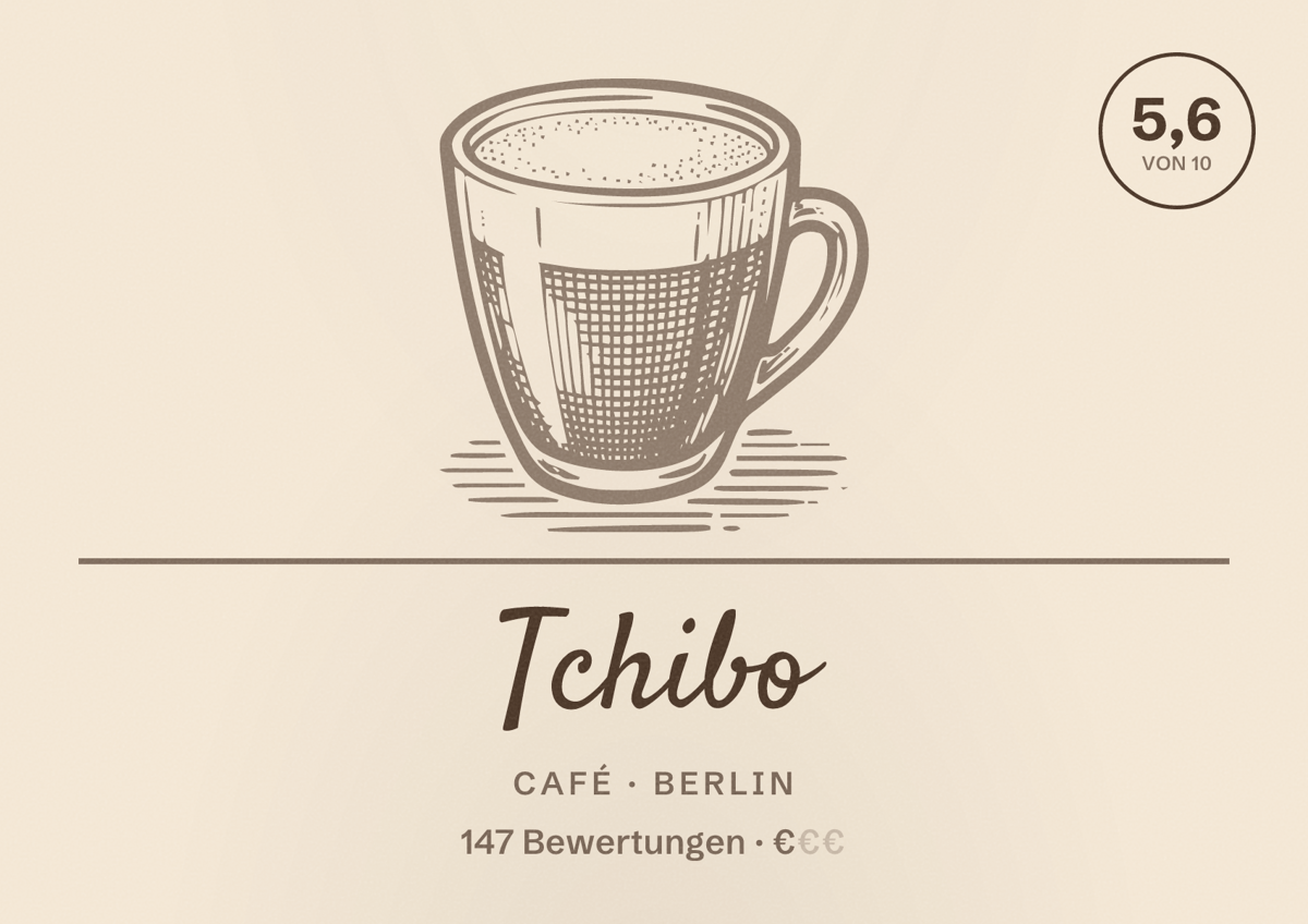 Illustriertes Poster von Tchibo, Café in Berlin: Bewertung 5,6 von 10 aus 147 Bewertungen, Preisniveau €