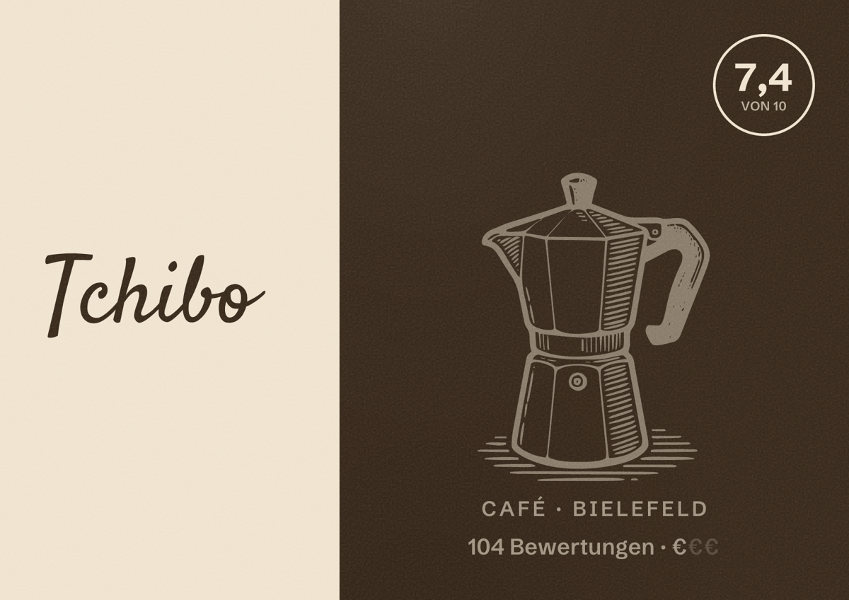 Illustriertes Poster von Tchibo, Café in Bielefeld: Bewertung 7,4 von 10 aus 104 Bewertungen, Preisniveau €