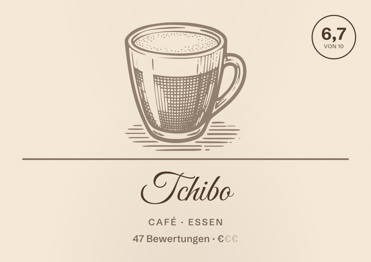 Illustriertes Poster von Tchibo, Café in Essen: Bewertung 6,7 von 10 aus 47 Bewertungen, Preisniveau €