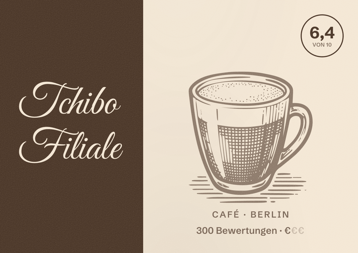 Illustriertes Poster von Tchibo Filiale, Café in Berlin: Bewertung 6,4 von 10 aus 300 Bewertungen, Preisniveau €