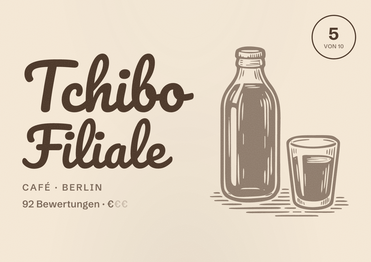 Illustriertes Poster von Tchibo Filiale, Café in Berlin: Bewertung 5 von 10 aus 92 Bewertungen, Preisniveau €