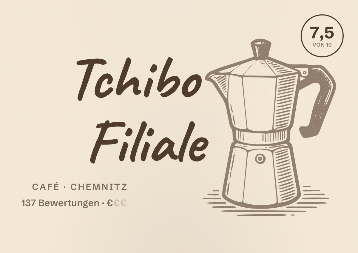 Illustriertes Poster von Tchibo Filiale, Café in Chemnitz: Bewertung 7,5 von 10 aus 137 Bewertungen, Preisniveau €