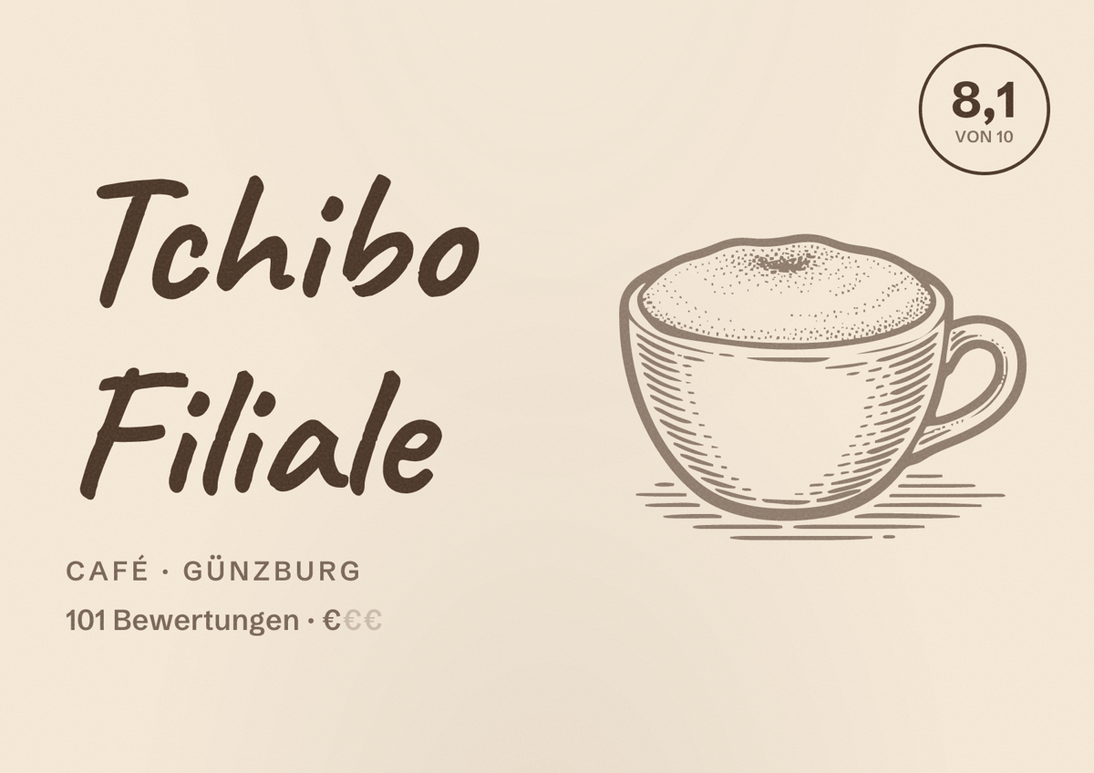 Illustriertes Poster von Tchibo Filiale, Café in Günzburg: Bewertung 8,1 von 10 aus 101 Bewertungen, Preisniveau €