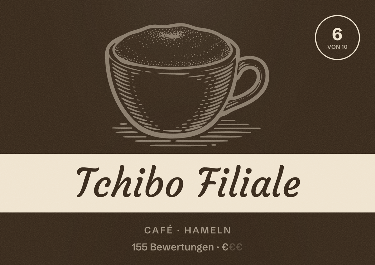 Illustriertes Poster von Tchibo Filiale, Café in Hameln: Bewertung 6 von 10 aus 155 Bewertungen, Preisniveau €