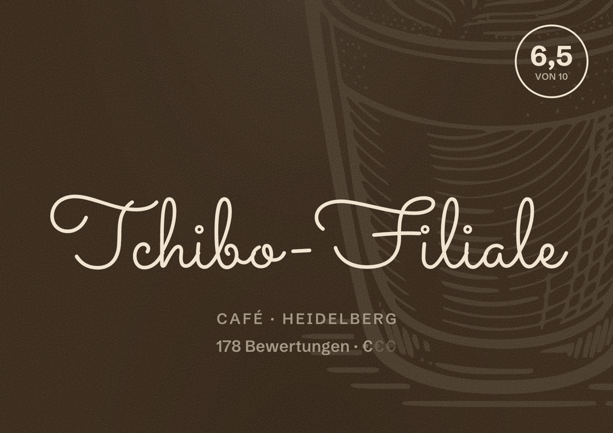 Illustriertes Poster von Tchibo-Filiale, Café in Heidelberg: Bewertung 6,5 von 10 aus 178 Bewertungen, Preisniveau €