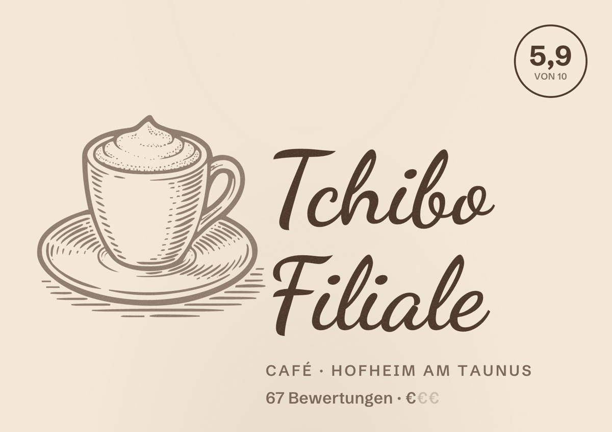 Illustriertes Poster von Tchibo Filiale, Café in Hofheim am Taunus: Bewertung 5,9 von 10 aus 67 Bewertungen, Preisniveau €
