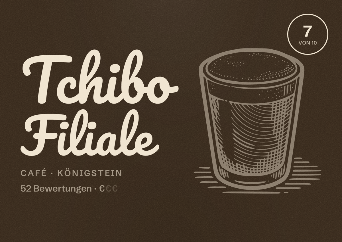 Illustriertes Poster von Tchibo Filiale, Café in Königstein: Bewertung 7 von 10 aus 52 Bewertungen, Preisniveau €