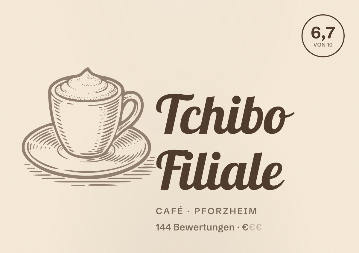 Illustriertes Poster von Tchibo Filiale, Café in Pforzheim: Bewertung 6,7 von 10 aus 144 Bewertungen, Preisniveau €
