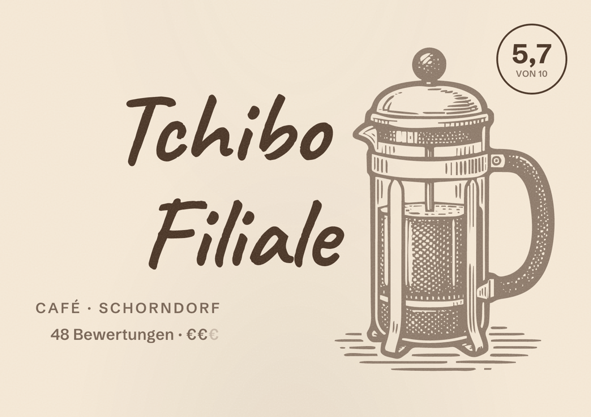 Illustriertes Poster von Tchibo Filiale, Café in Schorndorf: Bewertung 5,7 von 10 aus 48 Bewertungen, Preisniveau €€