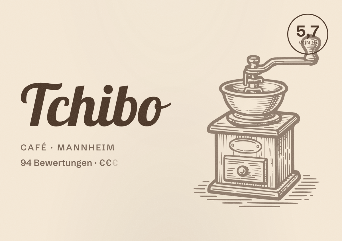 Illustriertes Poster von Tchibo, Café in Mannheim: Bewertung 5,7 von 10 aus 94 Bewertungen, Preisniveau €€