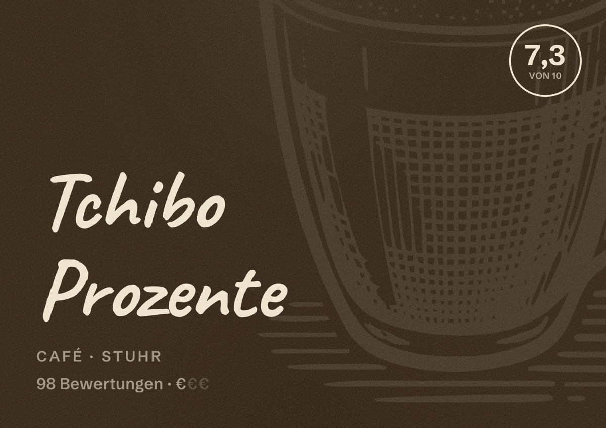 Illustriertes Poster von Tchibo Prozente, Café in Stuhr: Bewertung 7,3 von 10 aus 98 Bewertungen, Preisniveau €