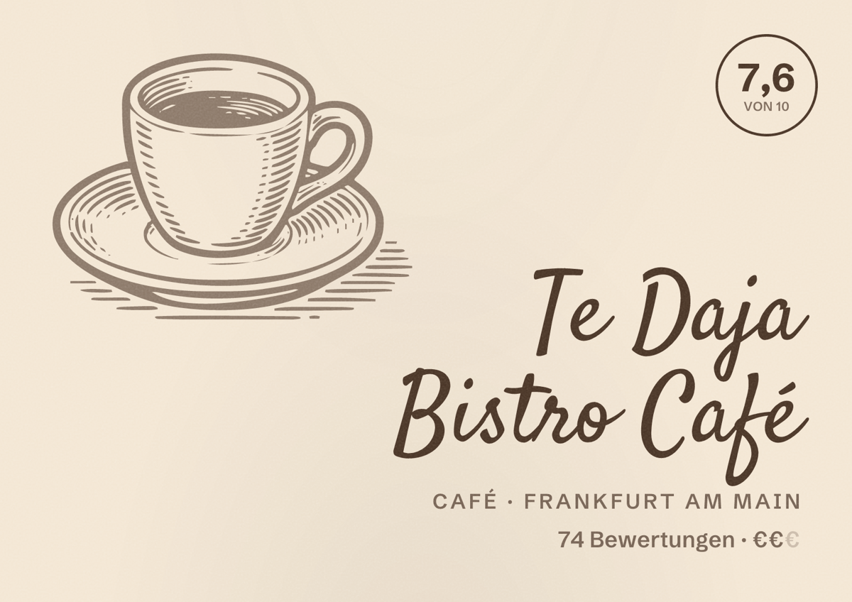 Illustriertes Poster von Te Daja Bistro Café, Café in Frankfurt am Main: Bewertung 7,6 von 10 aus 74 Bewertungen, Preisniveau €€