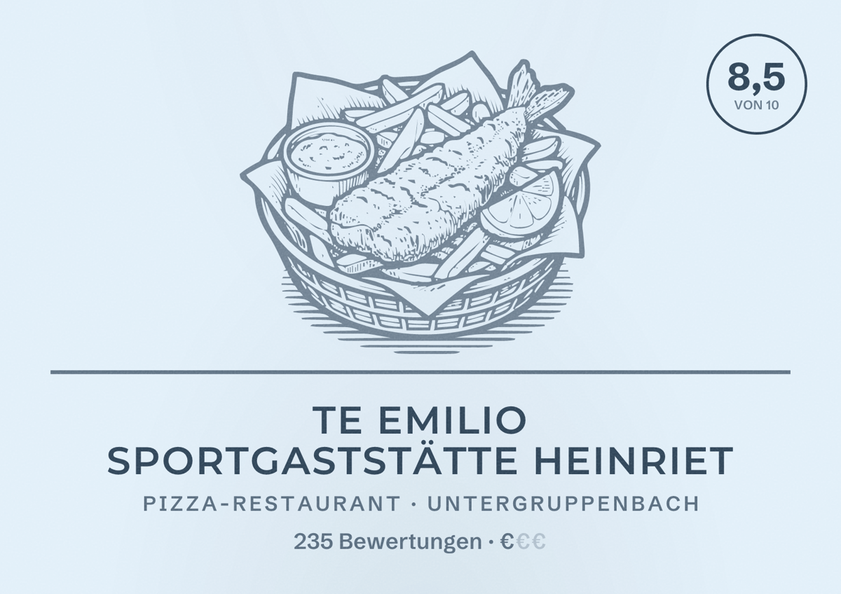 Illustriertes Poster von Te Emilio Sportgaststätte Heinriet, Pizza-Restaurant in Untergruppenbach: Bewertung 8,5 von 10 aus 235 Bewertungen, Preisniveau €