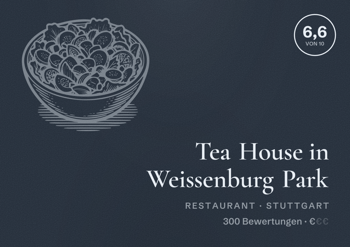 Illustriertes Poster von Tea House in Weissenburg Park, Restaurant in Stuttgart: Bewertung 6,6 von 10 aus 300 Bewertungen, Preisniveau €
