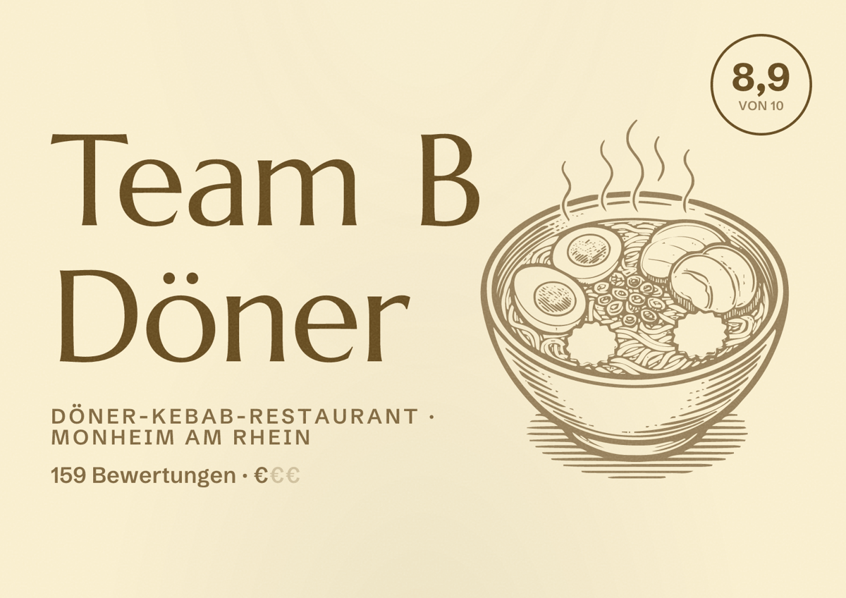 Illustriertes Poster von Team B Döner, Döner-Kebab-Restaurant in Monheim am Rhein: Bewertung 8,9 von 10 aus 159 Bewertungen, Preisniveau €
