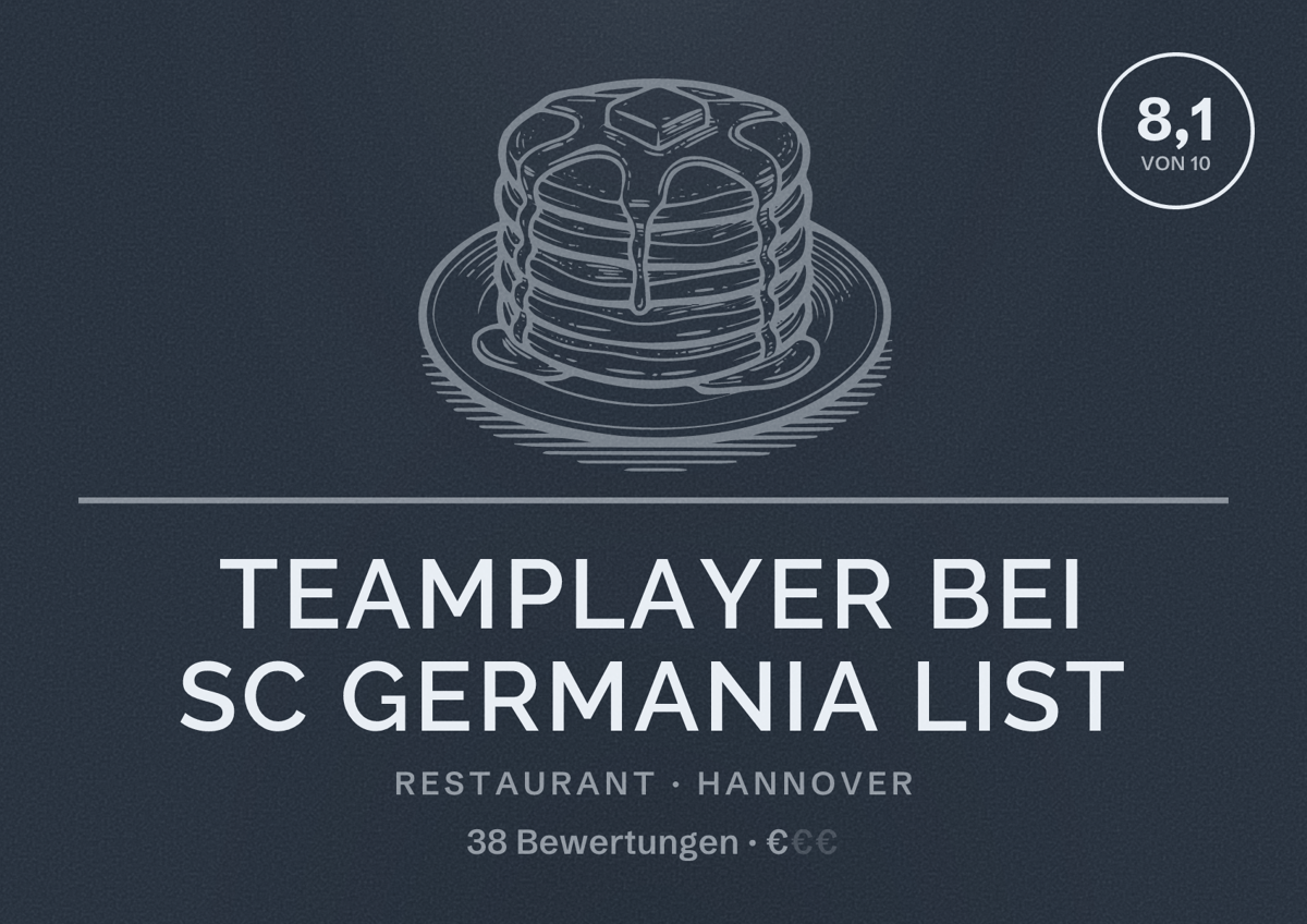 Illustriertes Poster von Teamplayer bei SC Germania List, Restaurant in Hannover: Bewertung 8,1 von 10 aus 38 Bewertungen, Preisniveau €